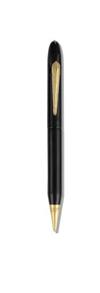 Golden Quill black celluloid fountain pen and mechanical pencil set, with gold-filled crest, shield inlay, and clip, the pen with green